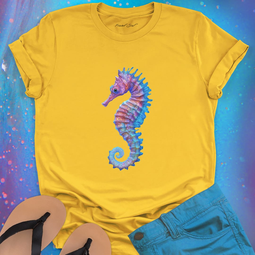 Purple and blue seahorse yellow t-shirt for gentle strength and ocean grace.