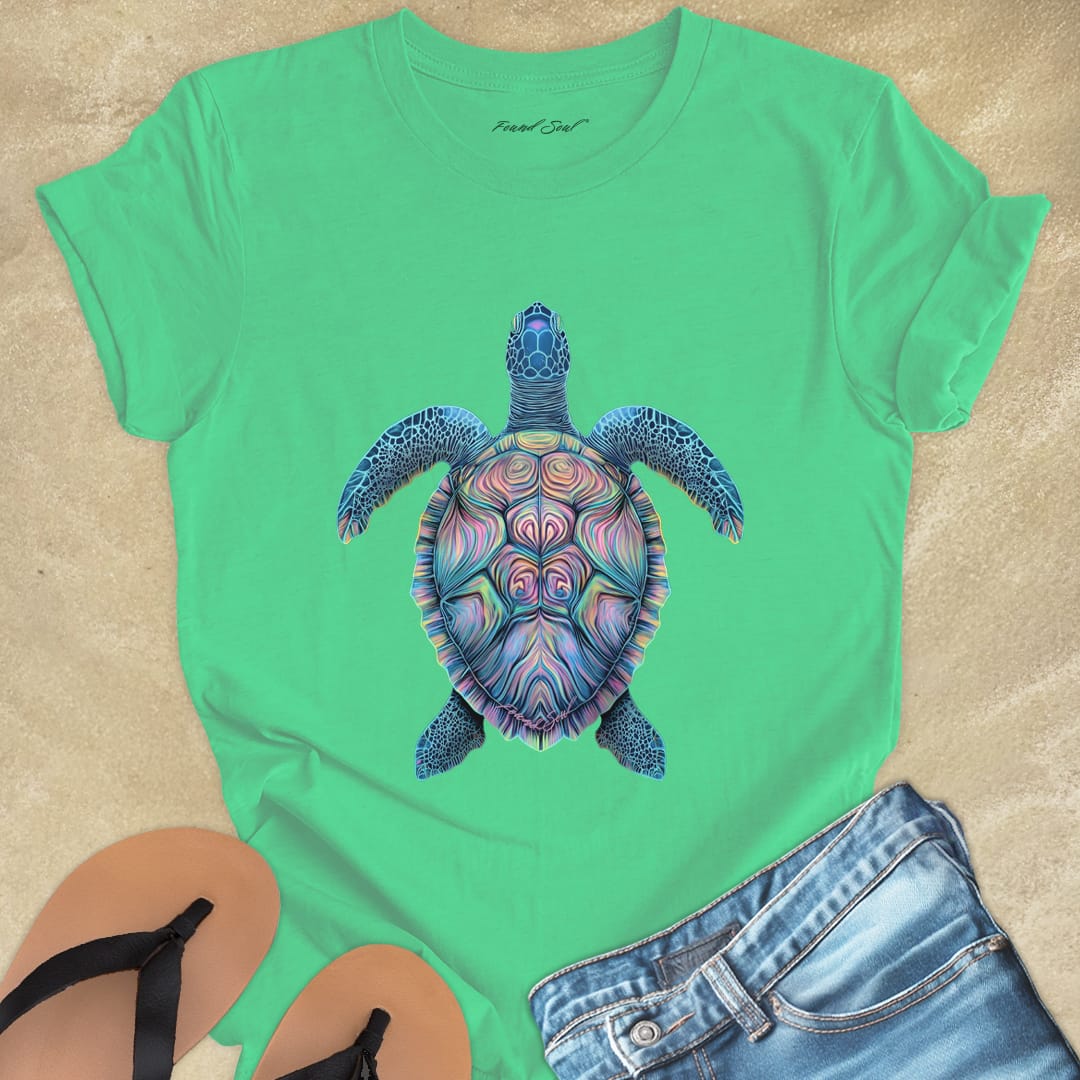 Mosaic sea turtle vibrant patterns green t-shirt for patience and sacred journeys.