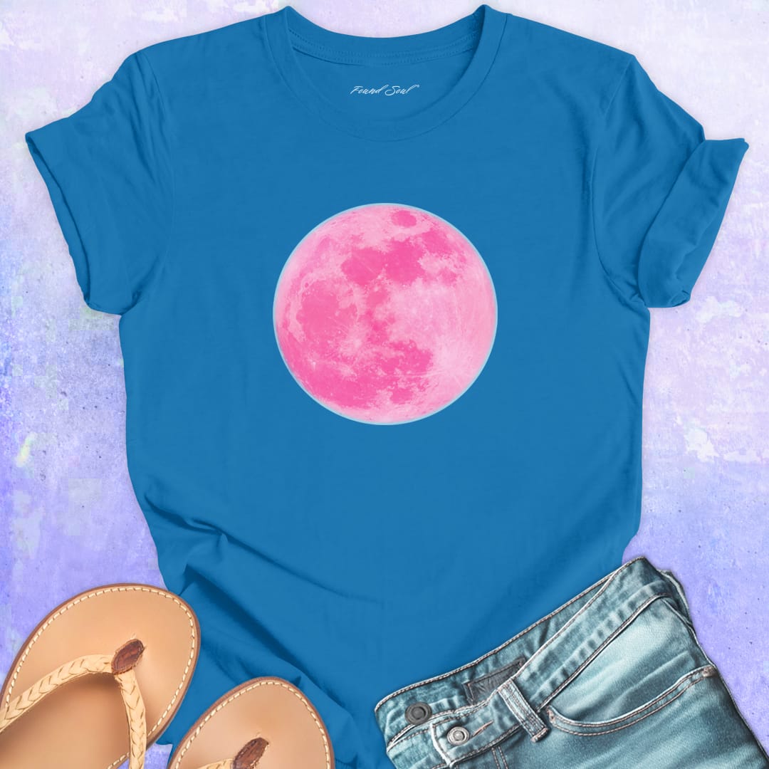 Pink moon blue t-shirt for lunar cycles and moon gazers.