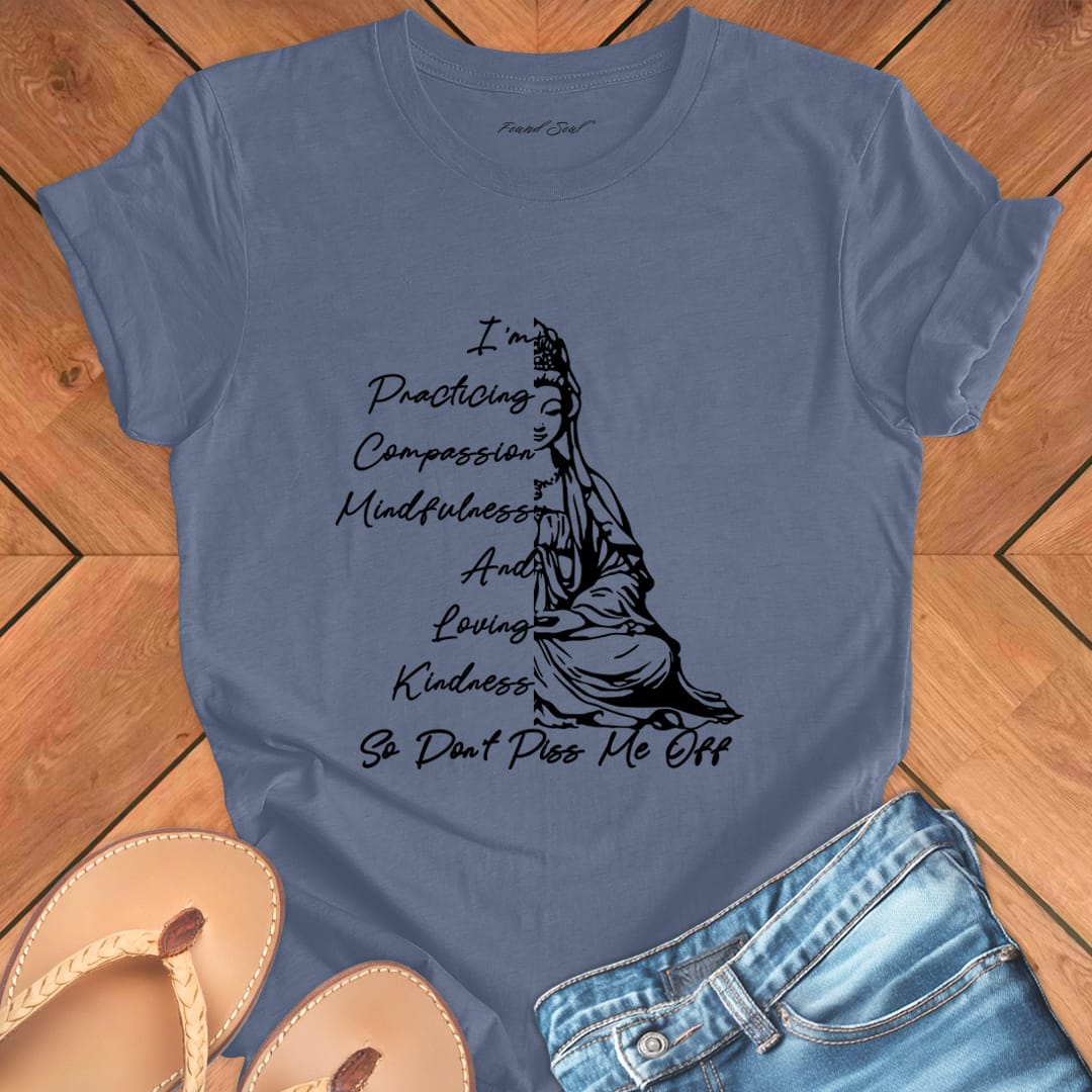 Guanyin goddess meditation grey t-shirt with compassion and boundaries message.