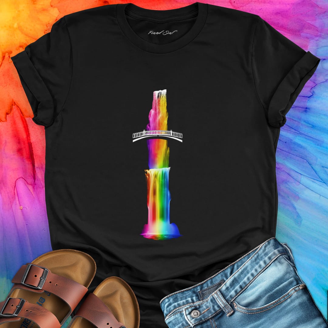 Vibrant rainbow waterfall over bridge black t-shirt for rainbow cascade overflow generosity pouring building bridges spiritual sharing flow
