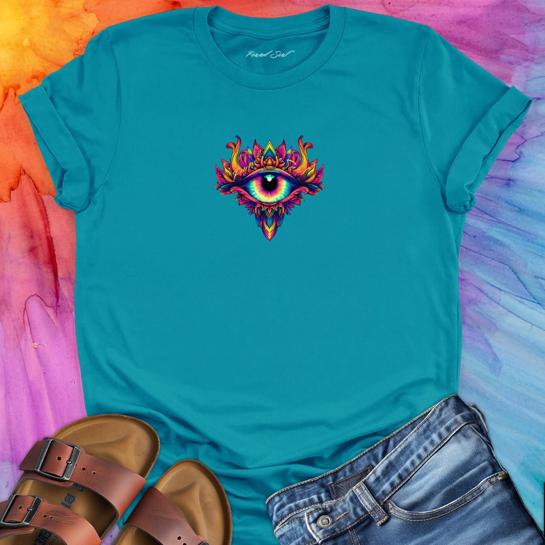 Third eye with vibrant colors turquoise t-shirt for intuition and inner knowing.
