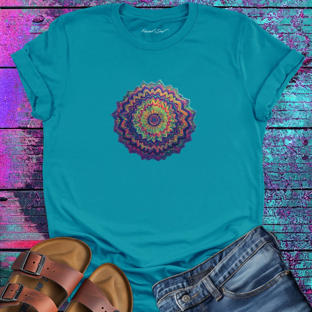 Vibrant layered mandala radiating outward in warm sunset tones turquoise t-shirt for energy radiation core pulse spiritual generation