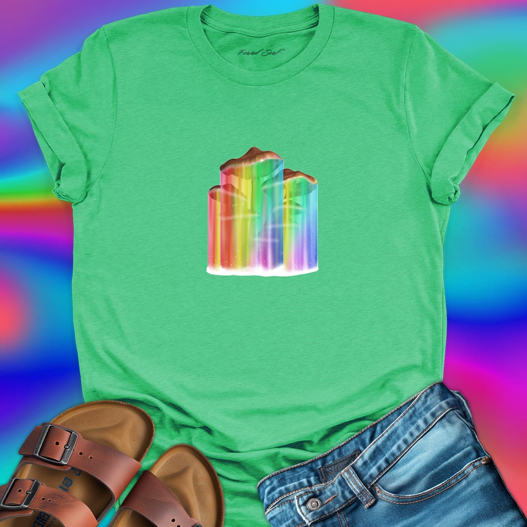 Mushrooms with rainbow gradient drips green t-shirt for nature wisdom and fungi appreciation.