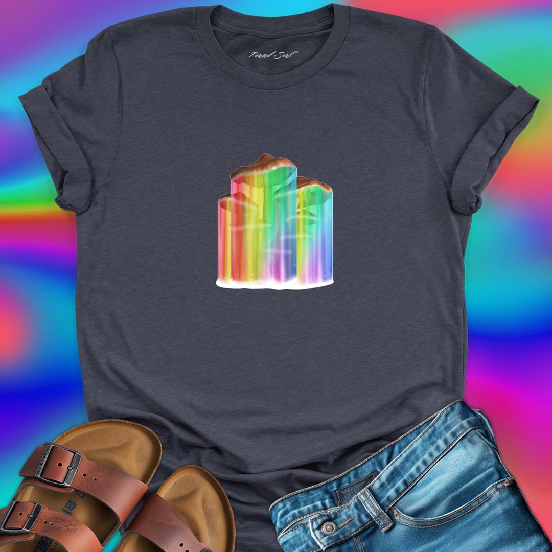 Mushrooms with rainbow gradient drips dar grey t-shirt for nature wisdom and fungi appreciation.