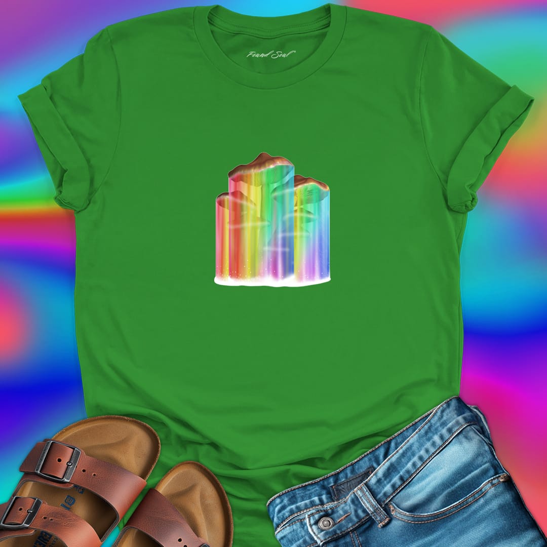 Mushrooms with rainbow gradient drips green t-shirt for nature wisdom and fungi appreciation.