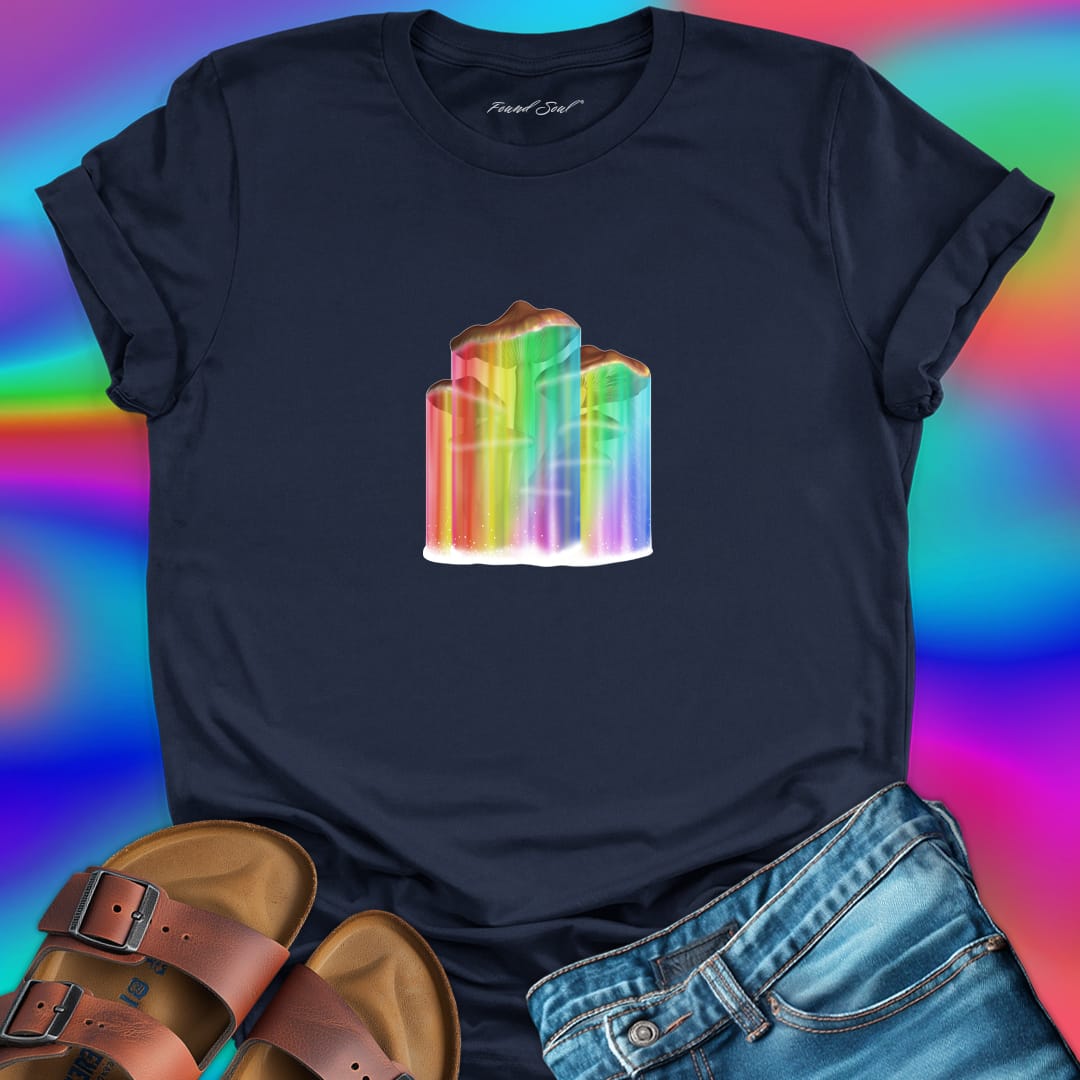 Mushrooms with rainbow gradient drips navy t-shirt for nature wisdom and fungi appreciation.