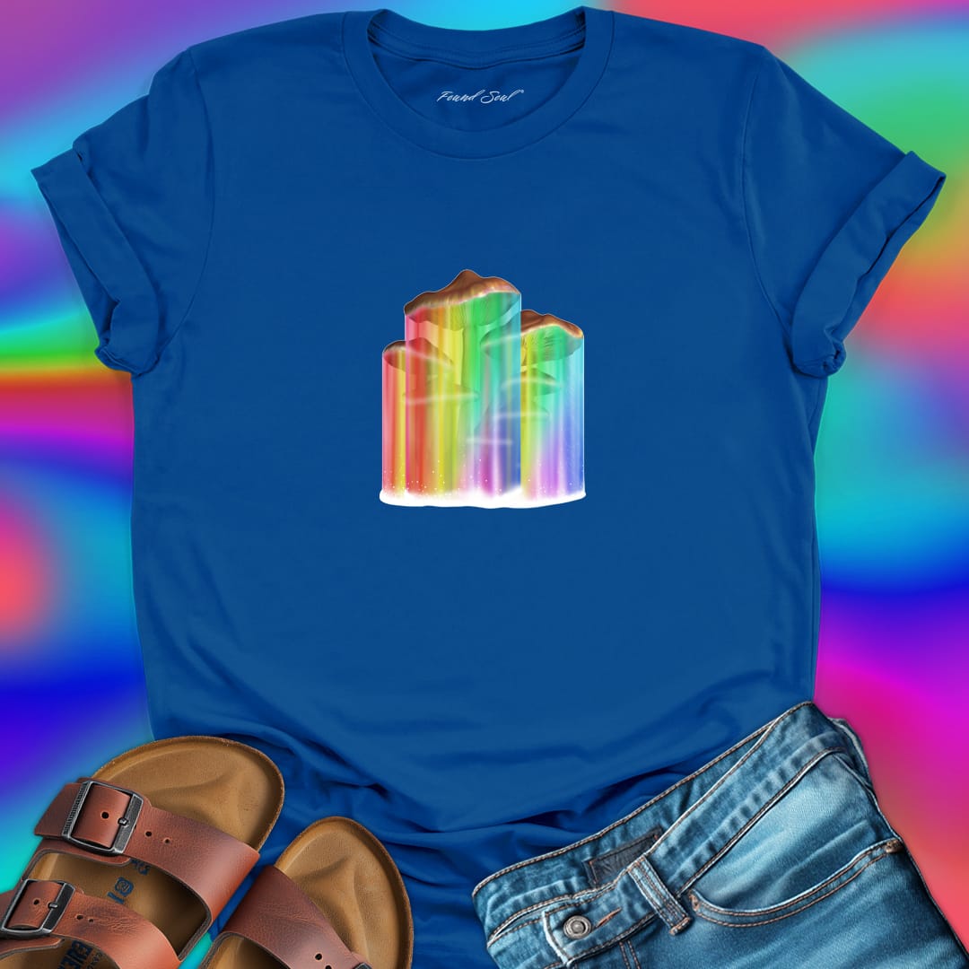 Mushrooms with rainbow gradient drips blue t-shirt for nature wisdom and fungi appreciation.