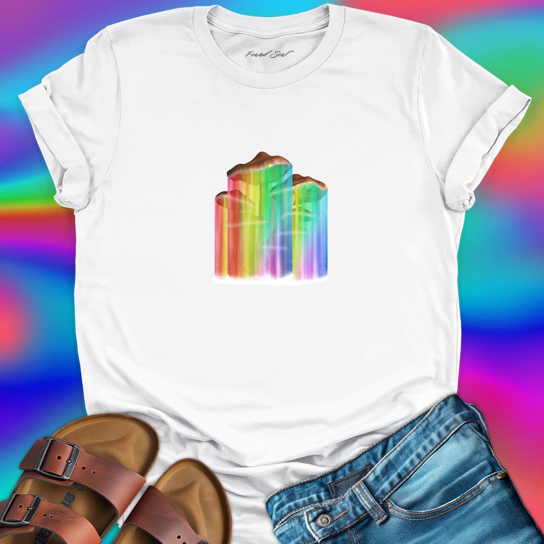 Mushrooms with rainbow gradient drips white t-shirt for nature wisdom and fungi appreciation.