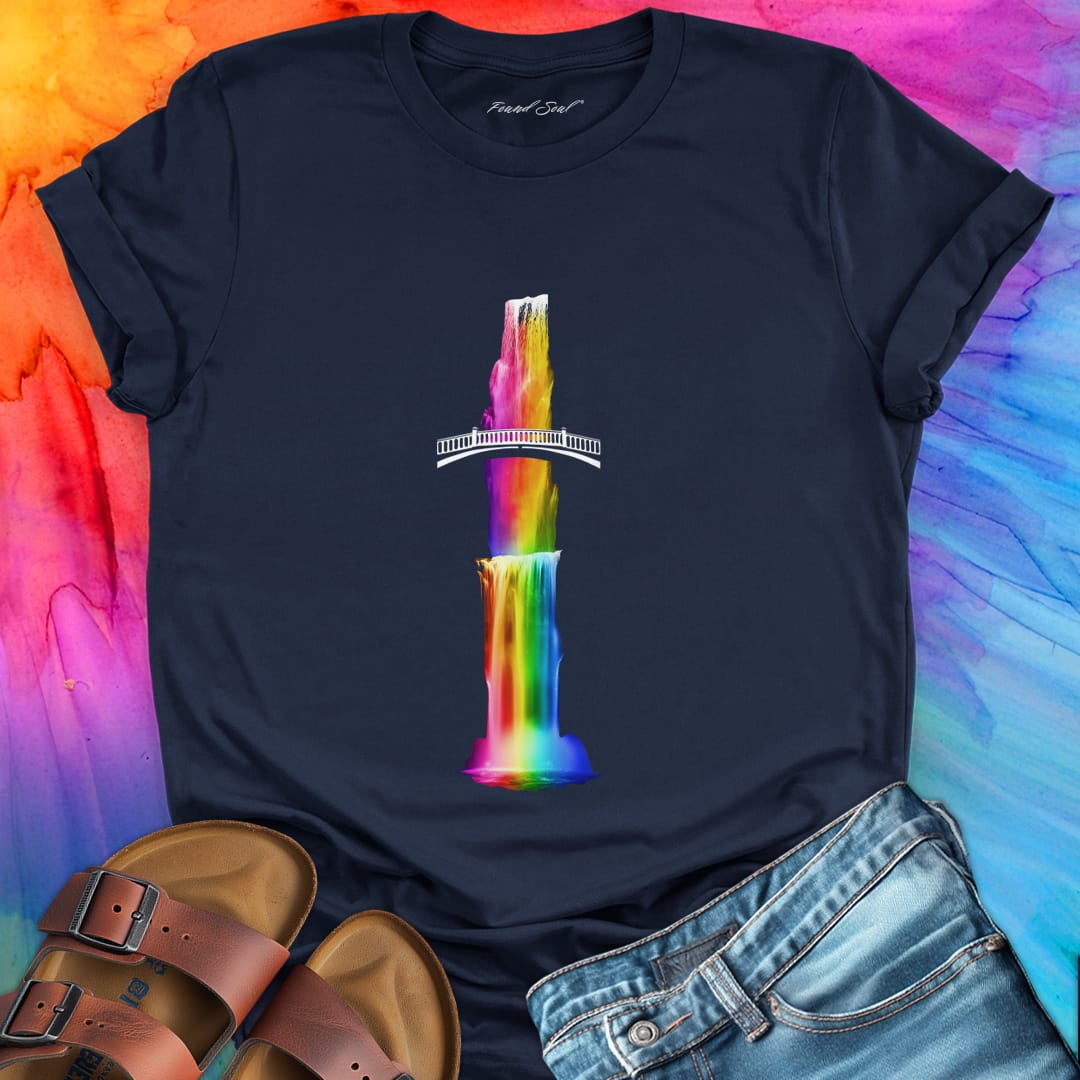 Vibrant rainbow waterfall over bridge navy t-shirt for rainbow cascade overflow generosity pouring building bridges spiritual sharing flow