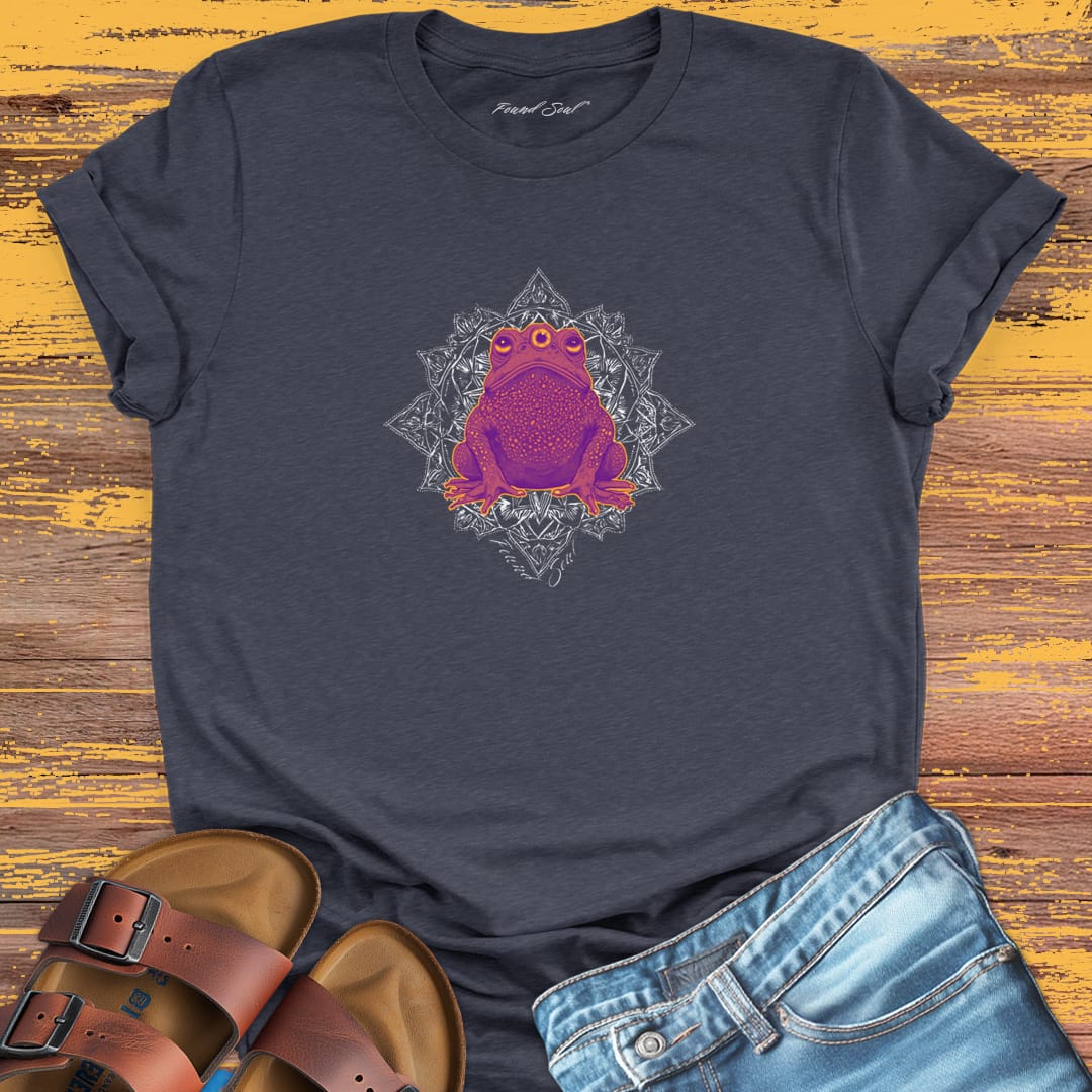 Vibrant purple toad centered in ornate mandala on grey t-shirt for threshold wisdom ancient medicine toad perception spiritual teacher