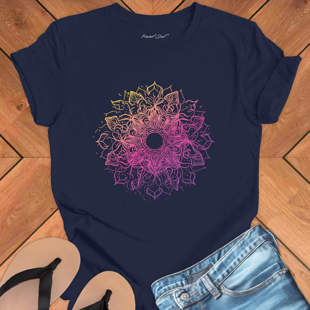 Cosmic mandala starburst radiating galactic energy on navy t-shirt for solstice cosmic geometry sacred pattern