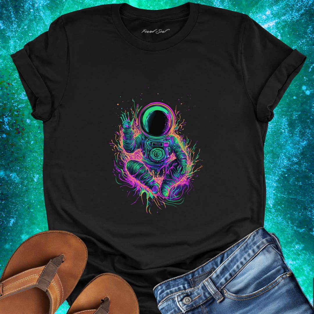 Meditating astronaut in nebula and waving hello black t-shirt for cosmic peace and spiritual exploration.