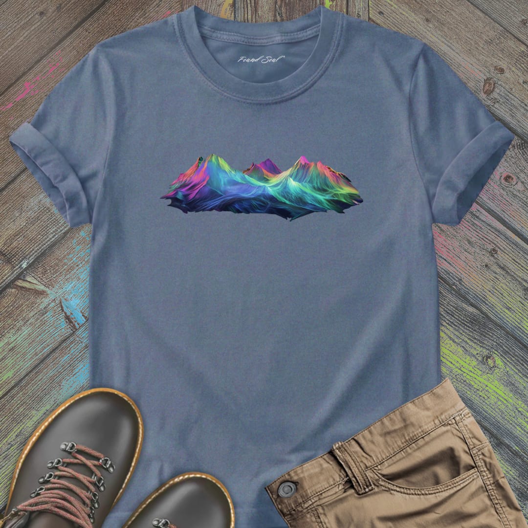 Spectrum summit rainbow mountain peak grey t-shirt for climbers. Celebrating elevation as vision, summits holding all colors, and rising to see more.