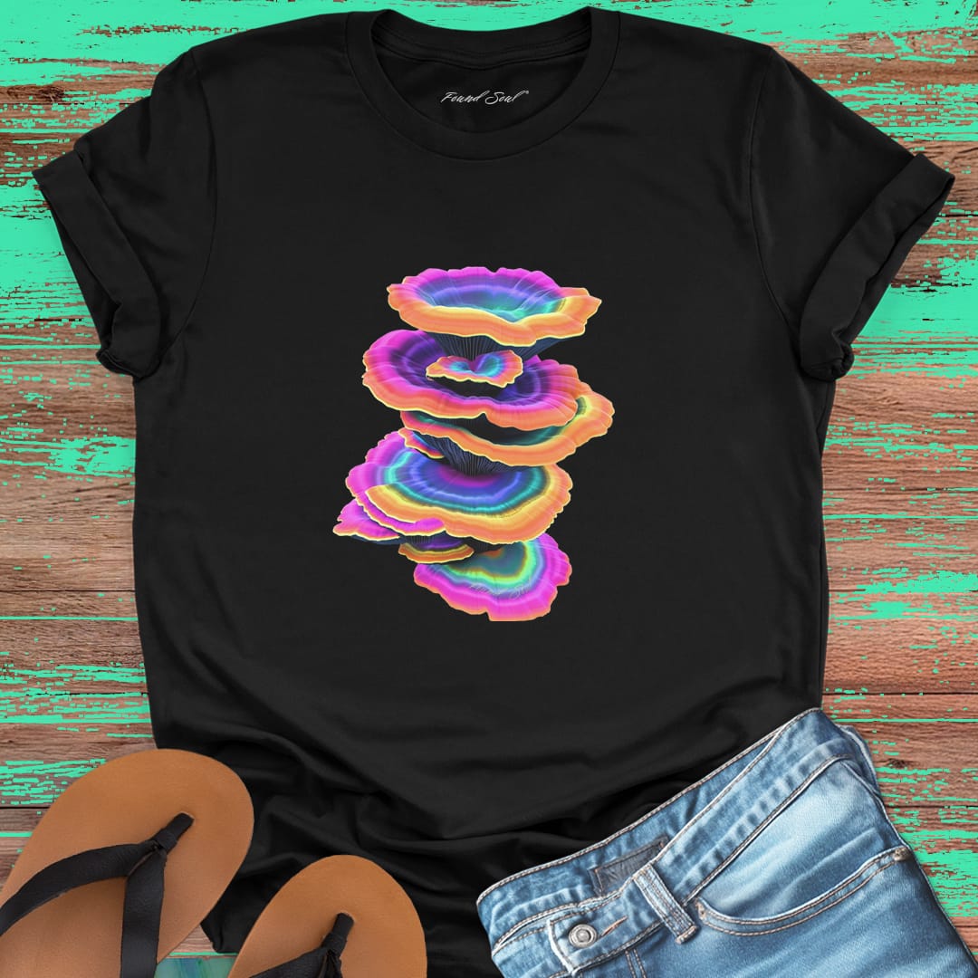 Vibrant stacked rainbow turkey tail mushrooms black t-shirt for layered growth shadow rising mushroom wisdom spiritual building light seeking nature