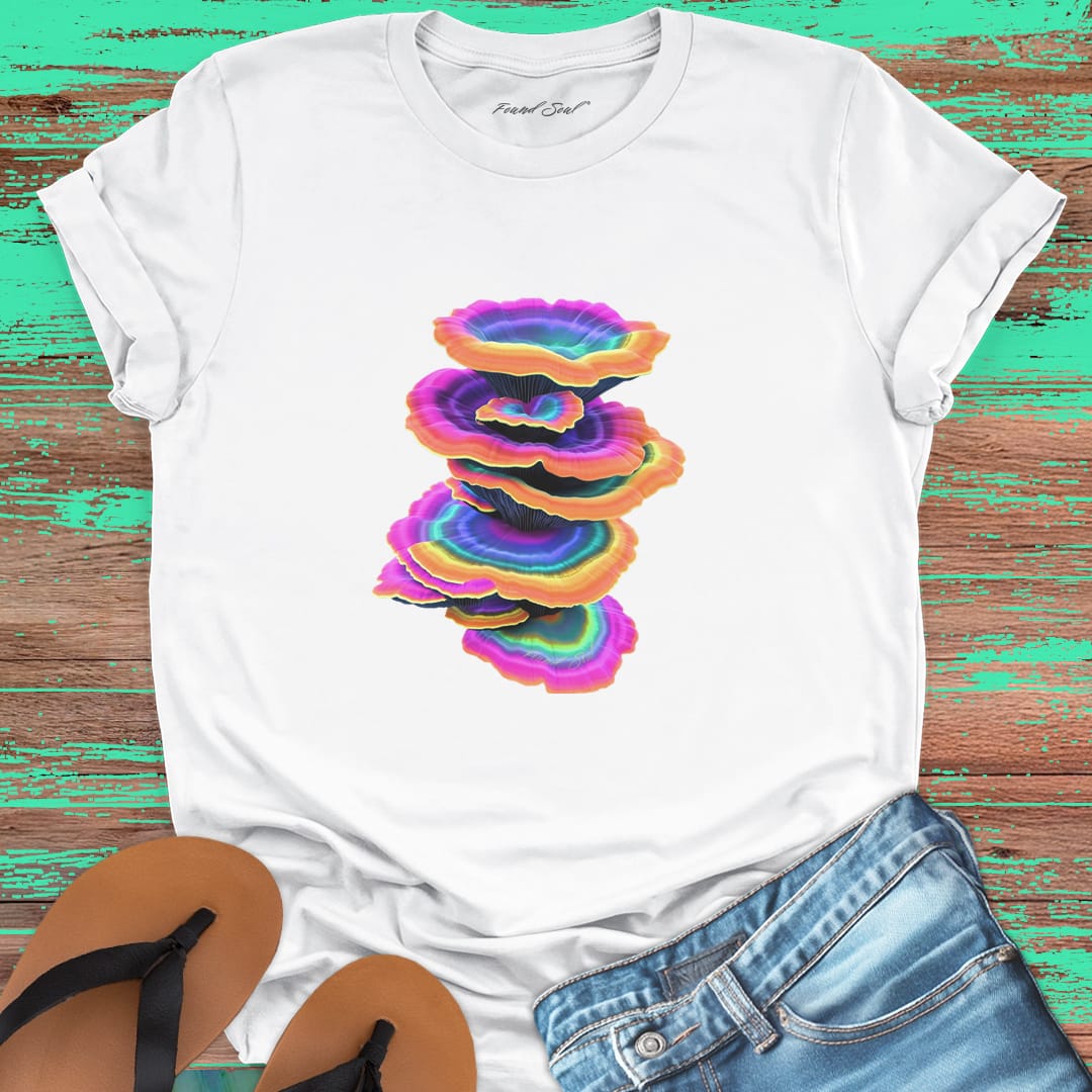 Vibrant stacked rainbow turkey tail mushrooms white t-shirt for layered growth shadow rising mushroom wisdom spiritual building light seeking nature
