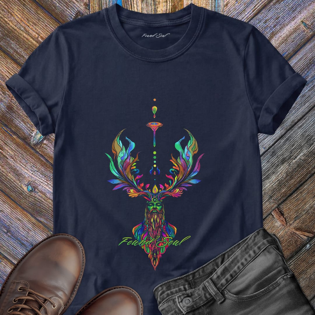 Green Man figure channeling cosmic energy download from above on navy t-shirt for nature mysticism forest transmission