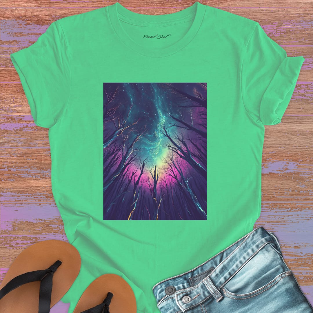 Cosmic mountain landscape with starry sky green t-shirt for wonder and perspective.