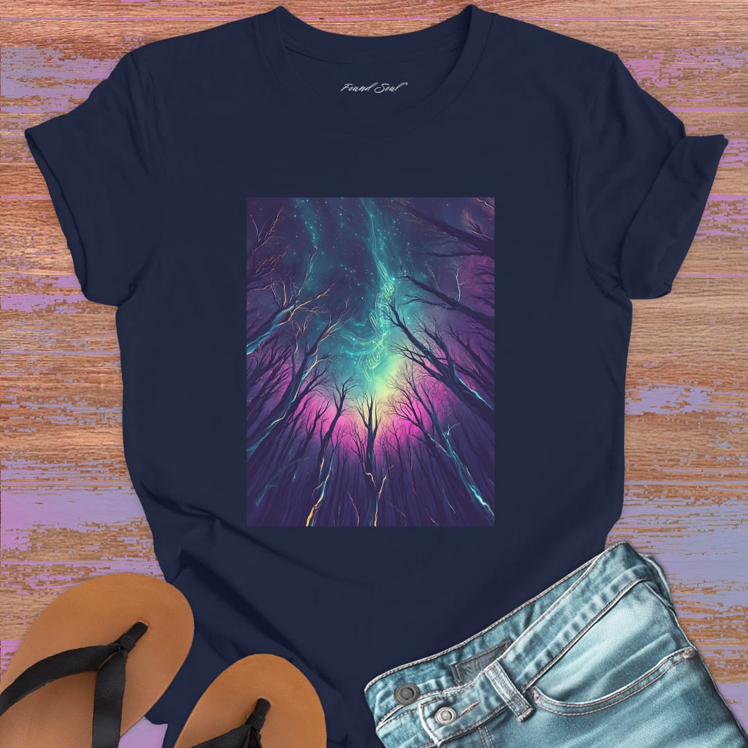 Cosmic mountain landscape with starry sky navy t-shirt for wonder and perspective.