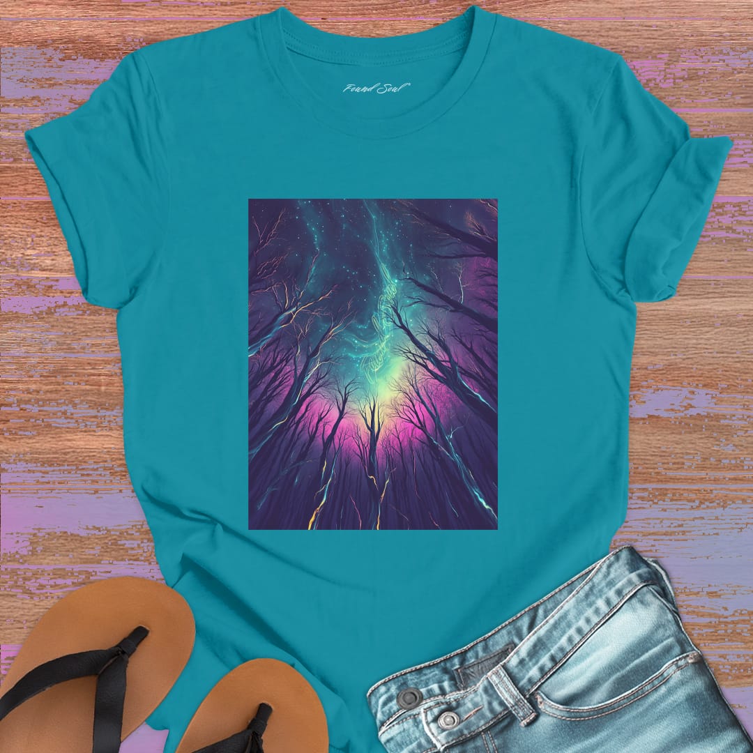 Cosmic mountain landscape with starry sky turquoise t-shirt for wonder and perspective.