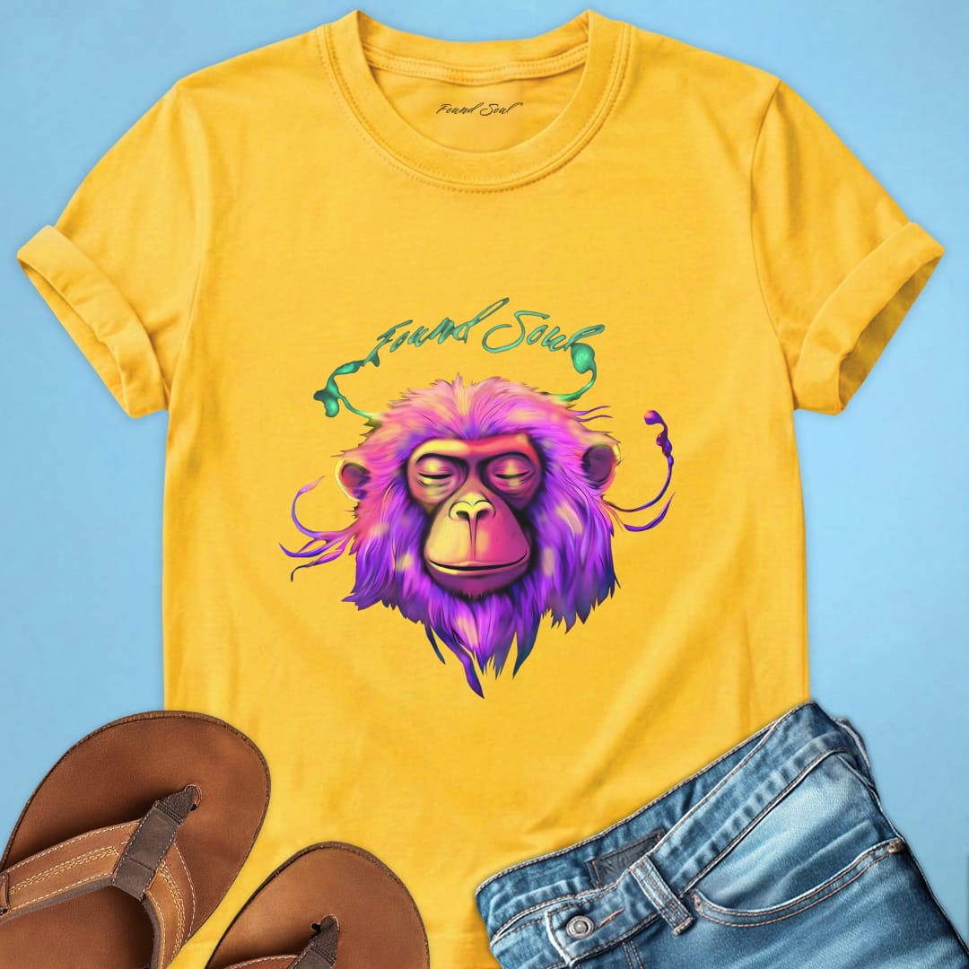 Vibrant pink purple monkey with closed eyes and stillness yellow t-shirt for meditation busy mind peace grounding spiritual rest