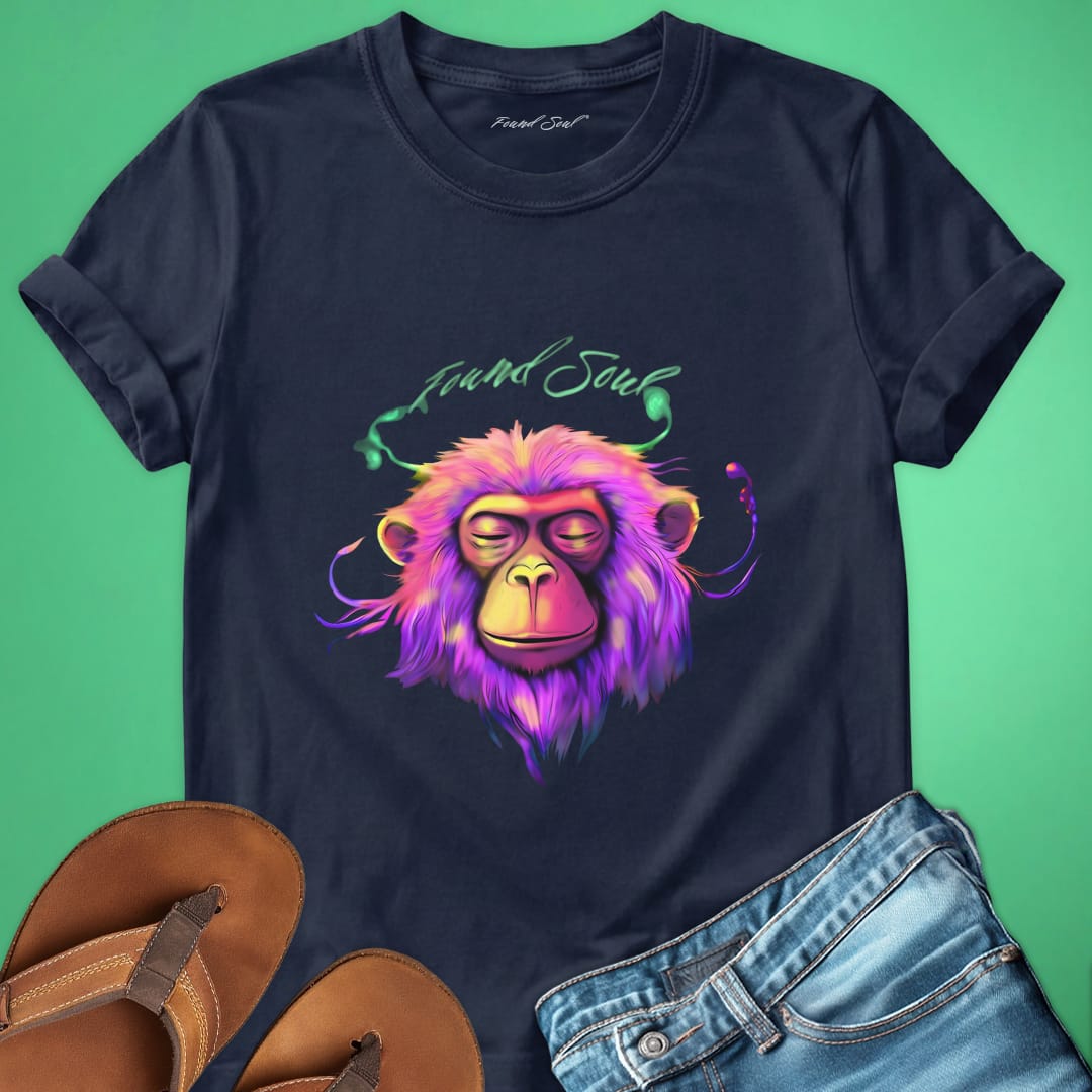 Vibrant pink purple monkey with closed eyes and stillness navy t-shirt for meditation busy mind peace grounding spiritual rest