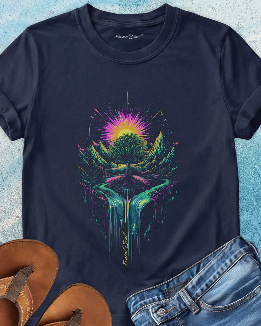 Cosmic tree of life with roots mountains and sunset navy t-shirt for grounding and expansion.