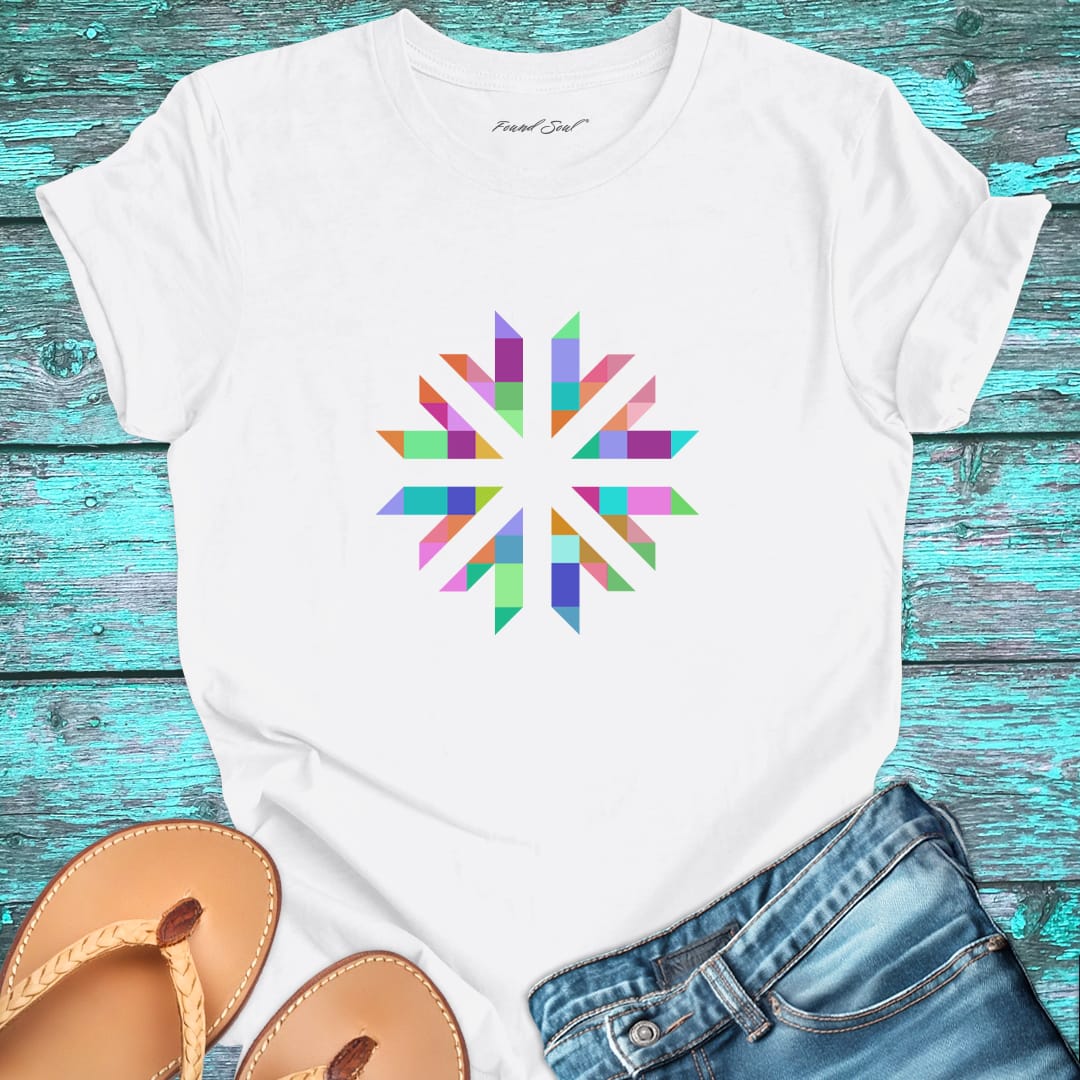 Vibrant geometric starburst radiating on white t-shirt for color frequency sacred geometry visual harmony