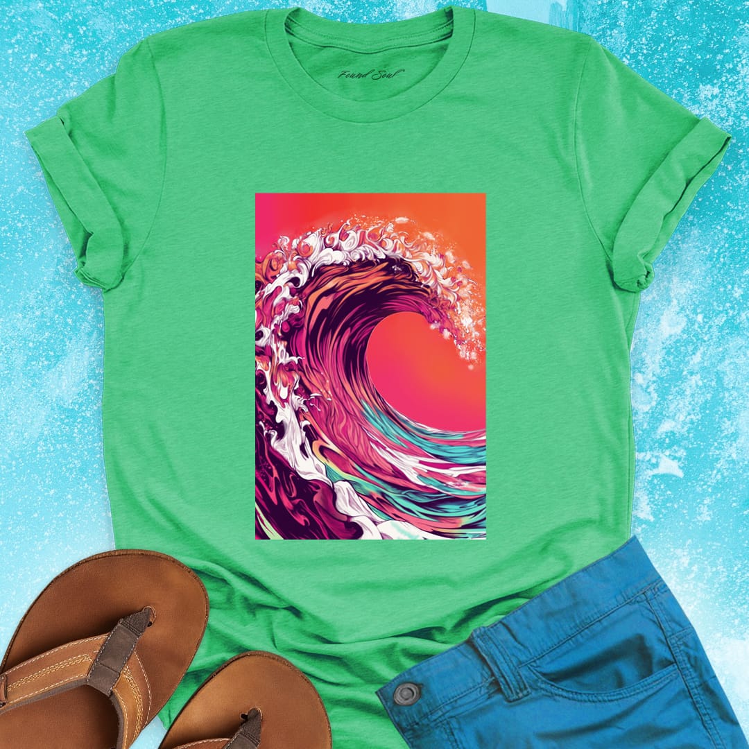 Magenta coral turquoise wave sunset green t-shirt for ocean raw power and constant rhythm.