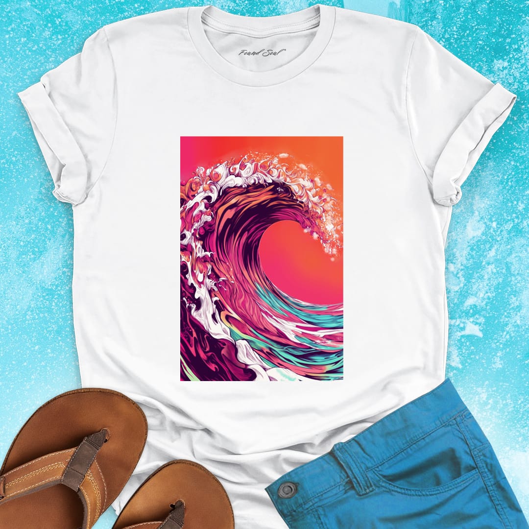 Magenta coral turquoise wave sunset white t-shirt for ocean raw power and constant rhythm.