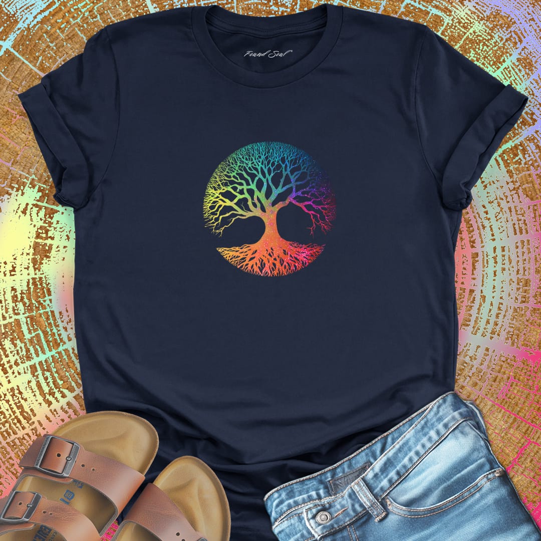 Rainbow starry tree of life navy t-shirt for balance equal growth root and branch spiritual grounding harmony