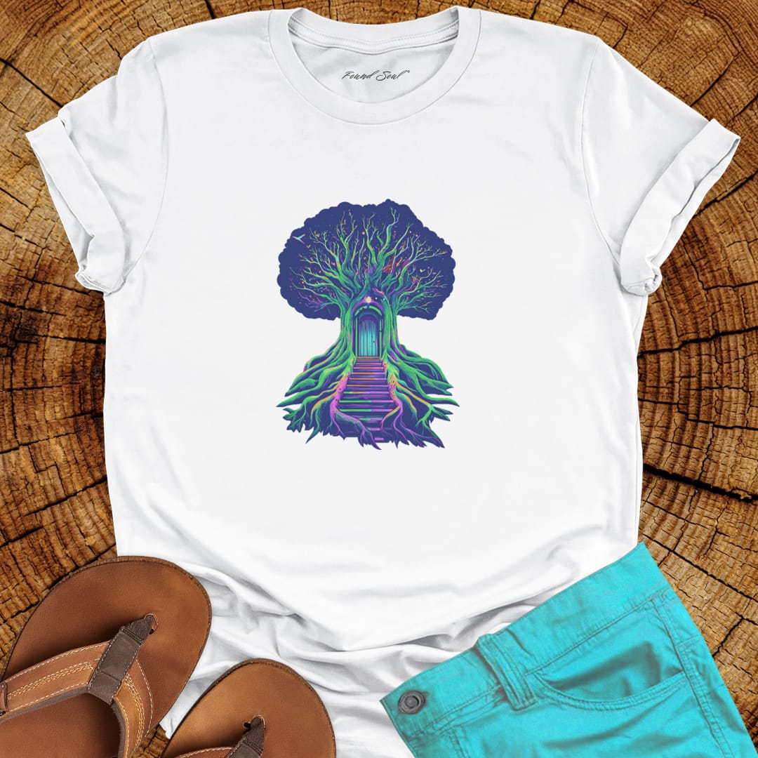 Tree of passage white t-shirt for transformation seekers. Celebrating rooting and rising.