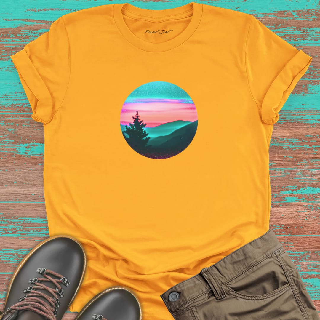 Silhouetted mountain ridges on yellow t-shirt for mountain meditation stillness nature communion