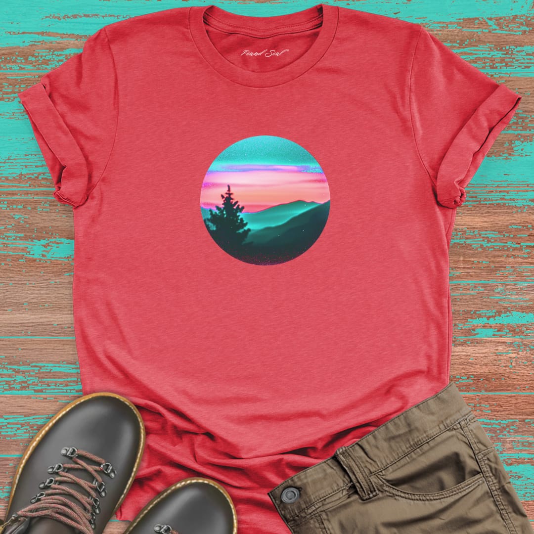 Silhouetted mountain ridges on red t-shirt for mountain meditation stillness nature communion