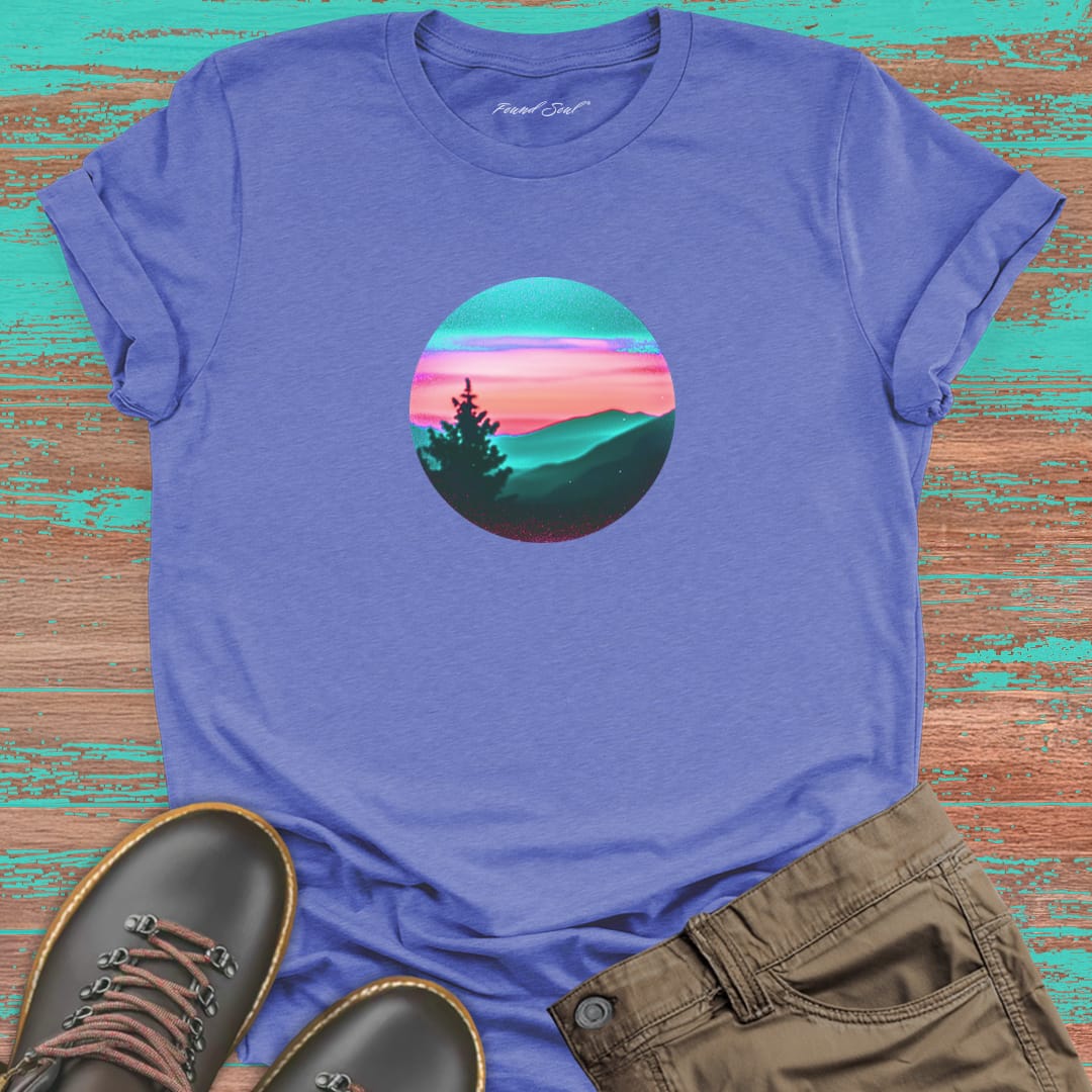 Silhouetted mountain ridges on purple t-shirt for mountain meditation stillness nature communion