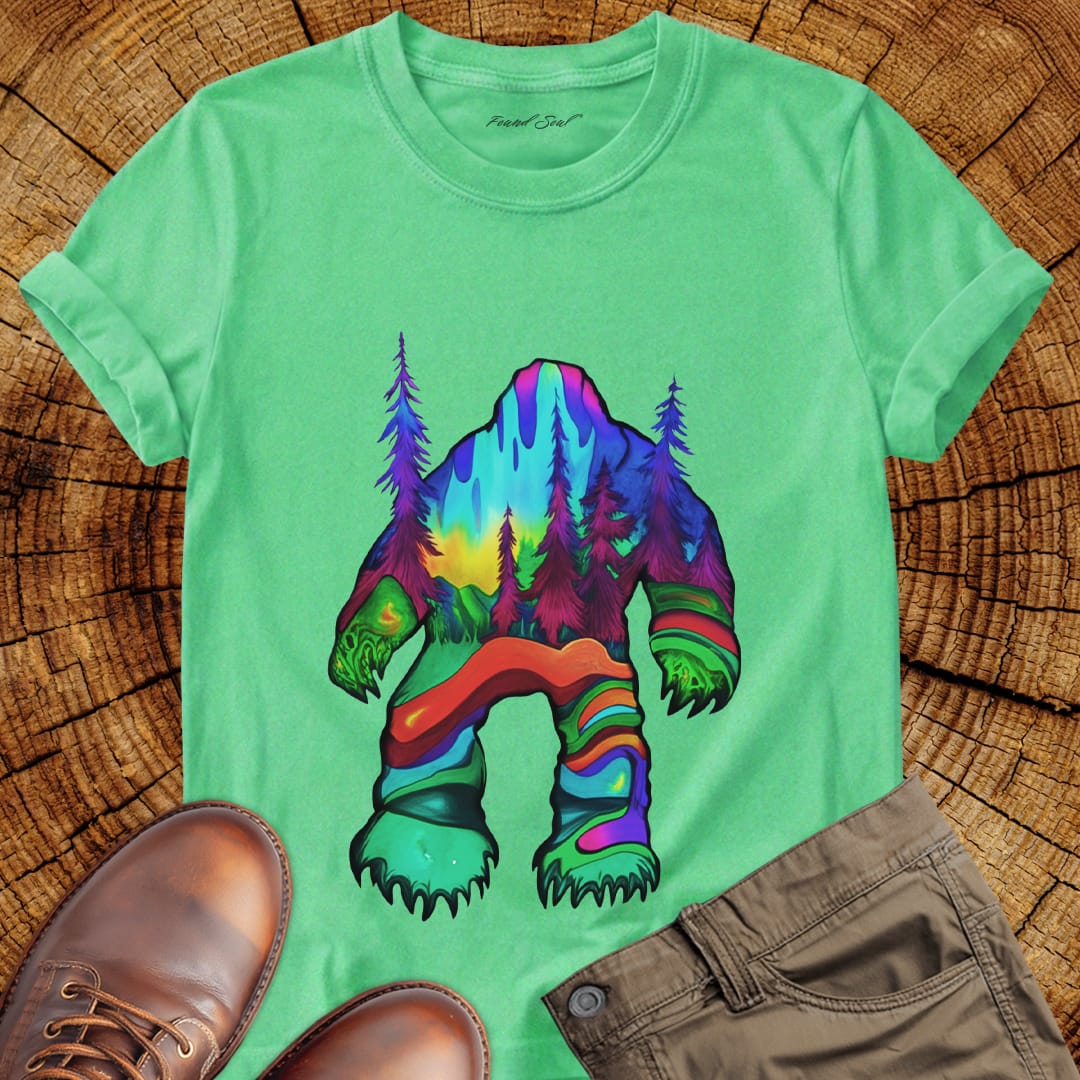 Bigfoot silhouette filled with aurora borealis and forest landscape on green t-shirt for cryptid mystery wilderness.