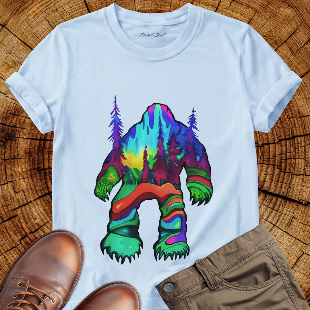 Bigfoot silhouette filled with aurora borealis and forest landscape on light blue t-shirt for cryptid mystery wilderness.