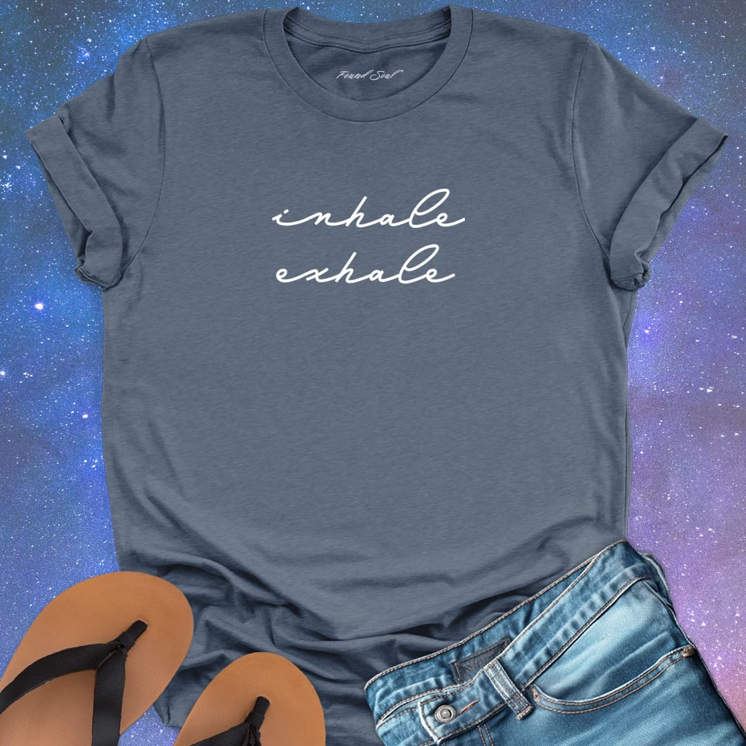 Inhale exhale grey t-shirt for breath work and mindfulness.