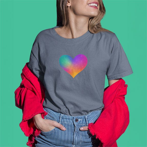 Woman wearing rainbow heart gray t-shirt for found soul coming home self-belonging spiritual recognition inner discovery frequency match