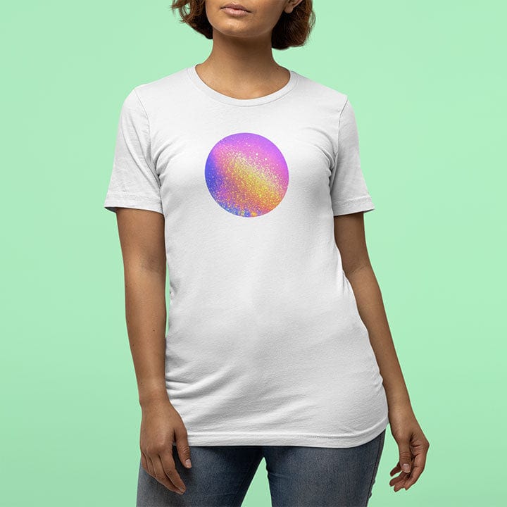 Woman wearing sparkling galaxy sphere rainbow shimmer white t-shirt for cosmic complexity and wholeness.