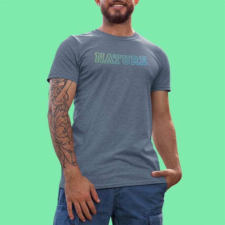 Man wearing graduated in nature grey t-shirt for earth education and wilderness wisdom spiritual apparel.