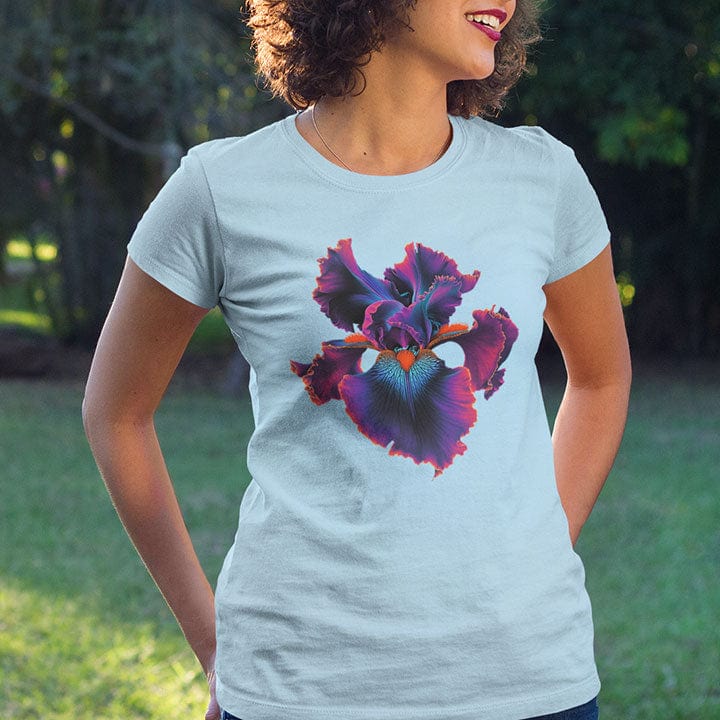 Woman wearing dramatic iris flower light blue t-shirt for twilight blooming threshold transformation edge dwelling spiritual radiance