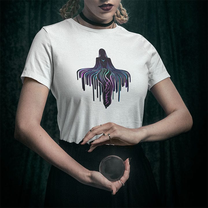 Woman wearing dripping cosmic energy on white t-shirt for meditation surrender levitation spiritual rising