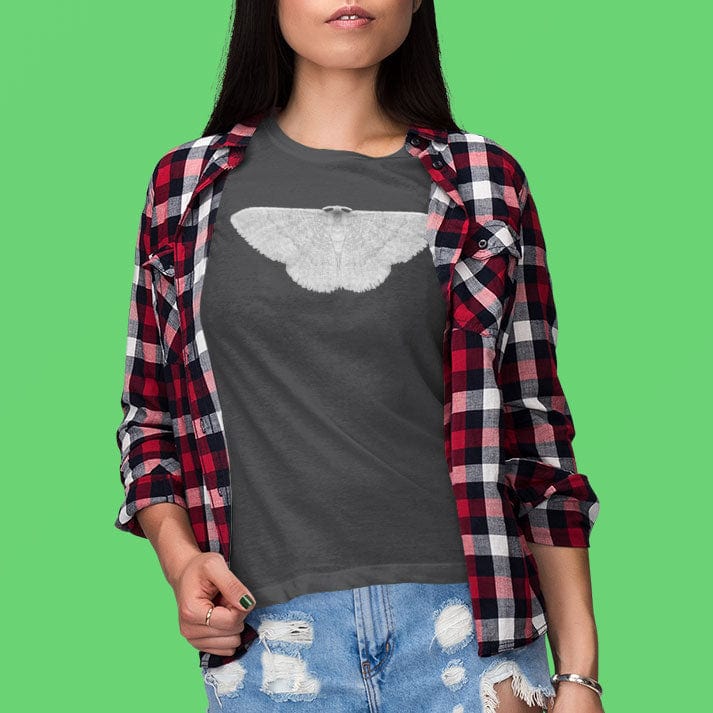 Woman wearing detailed moth with intricate wings dark grey t-shirt for moon navigation phase trust adaptive flight spiritual change