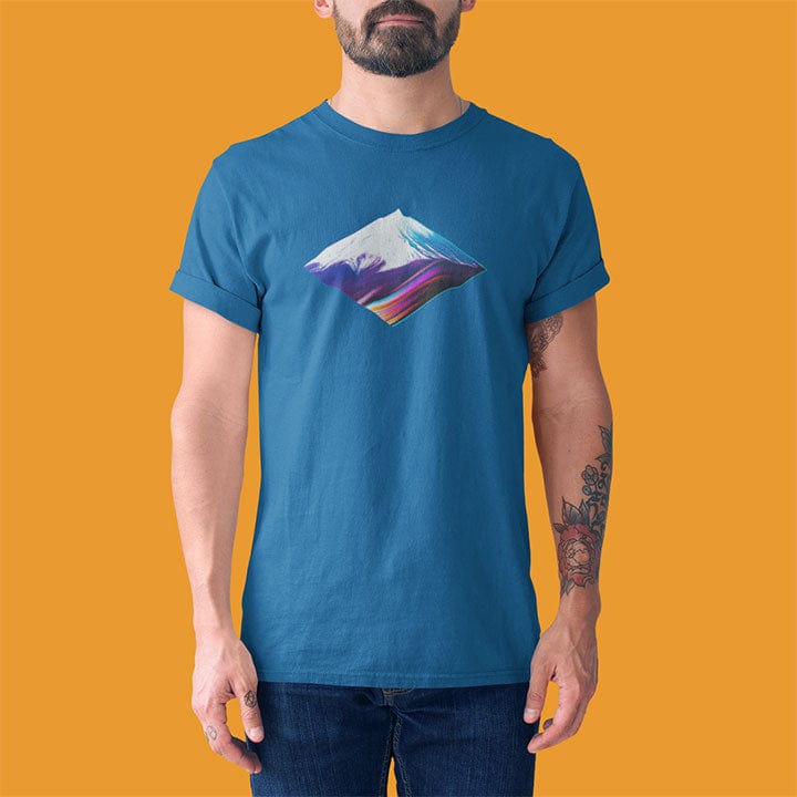 Man wearing geometric rainbow gradient diamond mountain on blue t-shirt for peak frequency mountain geometry sacred earth energy