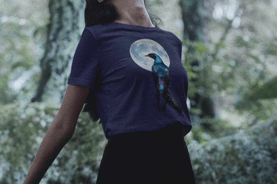 Woman wearing raven in front of full moon on navy t-shirt for night wisdom