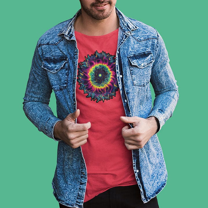 Man wearing vibrant rainbow and black spiral mandala on red t-shirt for energy frequency.