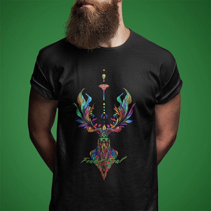 Man wearing Green Man figure channeling cosmic energy download from above on black t-shirt for nature mysticism forest transmission