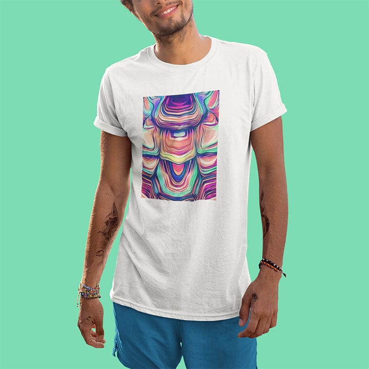 Man wearing shell pattern in vibrant gradient tones white t-shirt for turtle wisdom time marking sacred protection spiritual softness