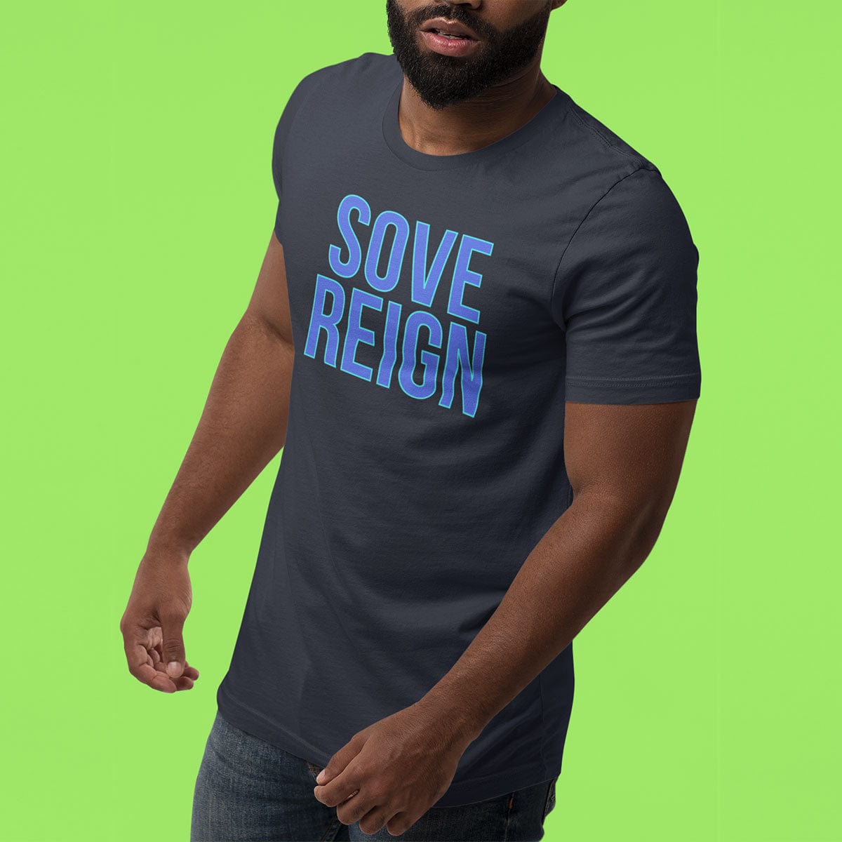 Man wearing Sovereign navy t-shirt that celebrates self-governance, personal power, and the courage to rule your own life with integrity.